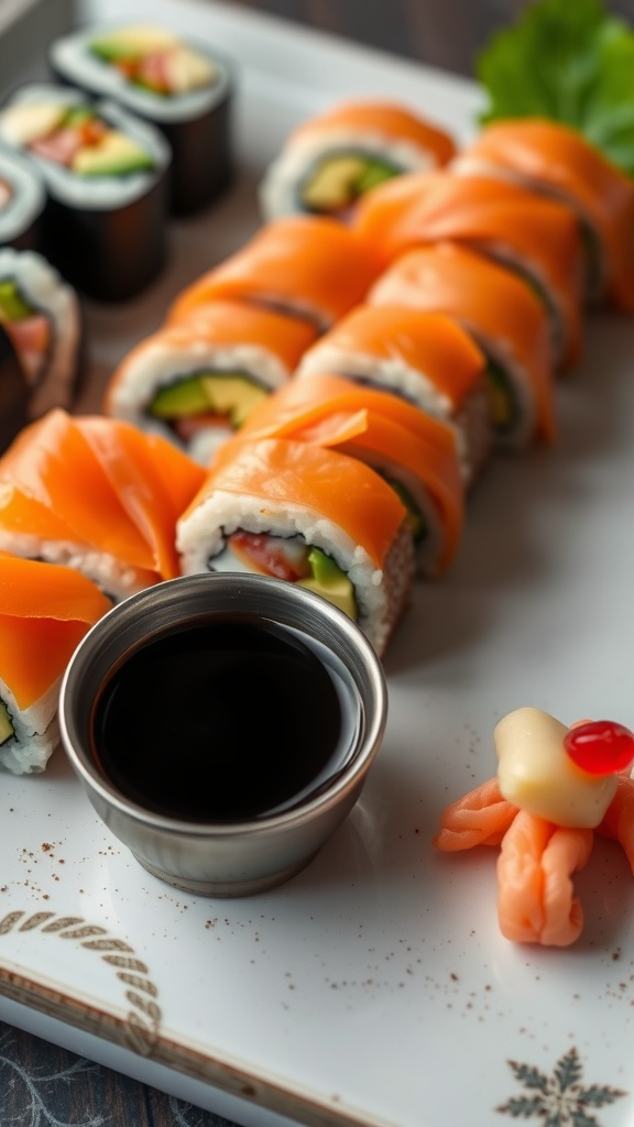 A beautiful platter of colorful homemade sushi rolls with salmon, avocado, and cucumber, served with soy sauce and wasabi.